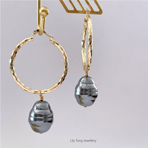 Hoop Earrings With Big Pearl Pendant #0583 Dark Grey