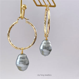 Hoop Earrings With Big Pearl Pendant #0584 Light Grey