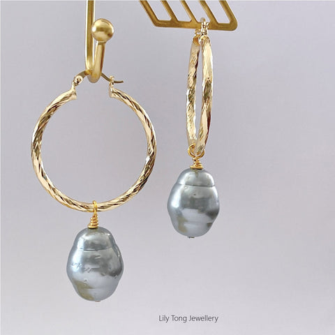 Hoop Earrings With Big Pearl Pendant #0584 Light Grey