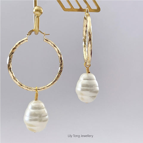 Hoop Earrings With Big Pearl Pendant #0585 White