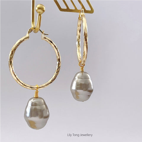 Hoop Earrings With Big Pearl Pendant #0586 Champagne Brown