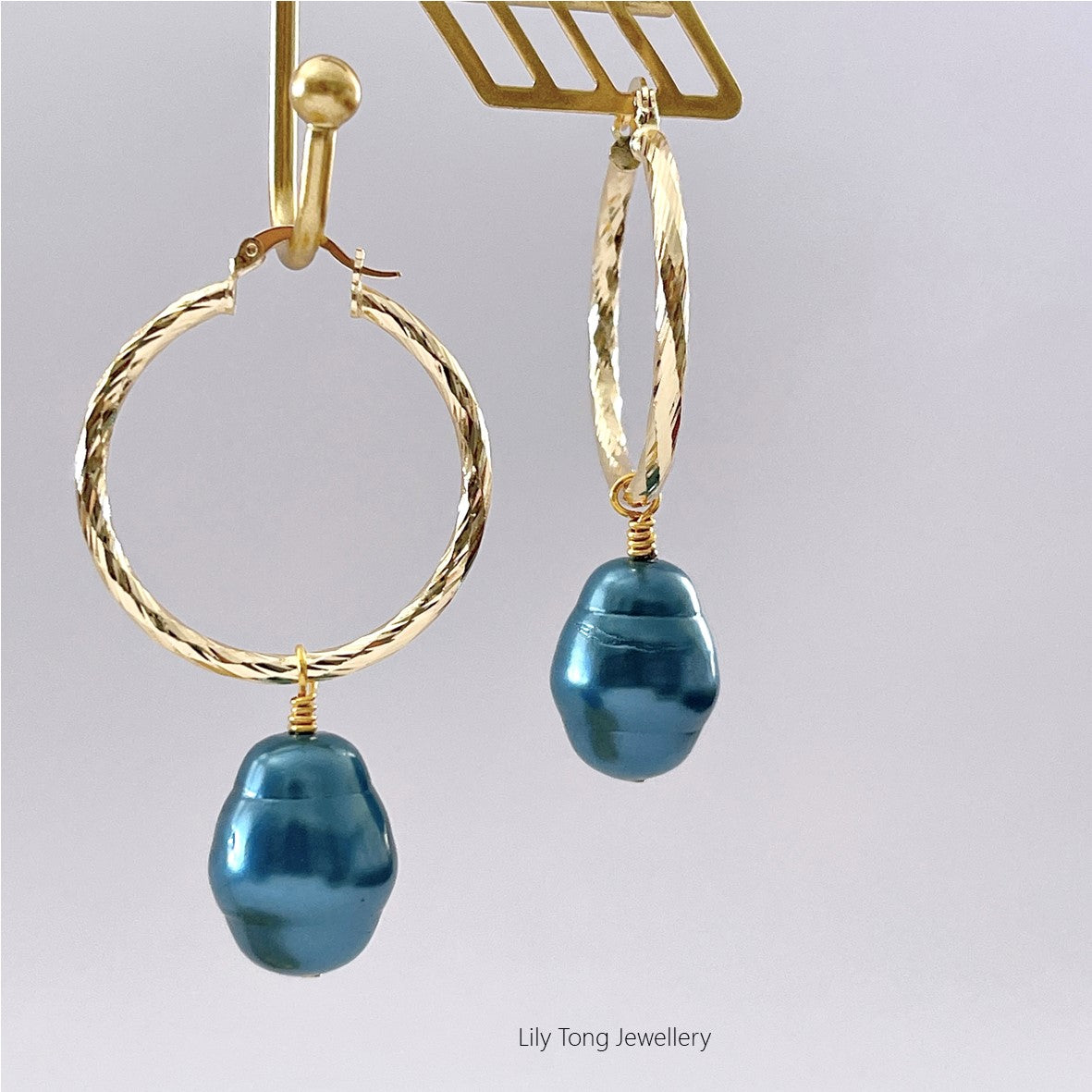 Hoop Earrings With Big Pearl Pendant #0588 Dark Blue