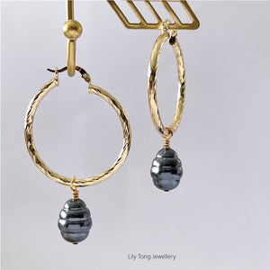 Hoop Earrings With Pearl Pendant #0589 Dark Grey