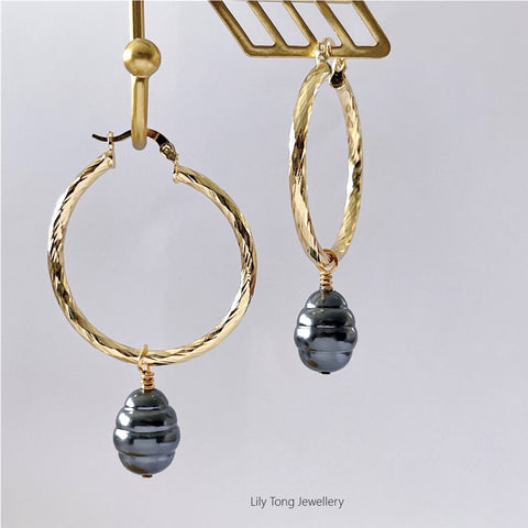 Hoop Earrings With Pearl Pendant #0589 Dark Grey