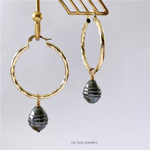 Hoop Earrings With Pearl Pendant #0590 Dark Grey