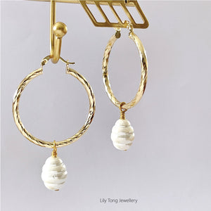 Hoop Earrings With Pearl Pendant #0591 White