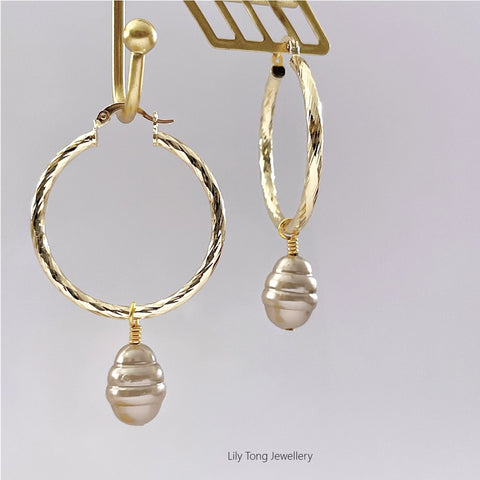 Hoop Earrings With Pearl Pendant #0592 Champagne Brown