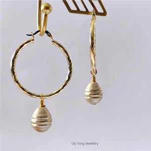 Hoop Earrings With Pearl Pendant #0593 Champagne Brown