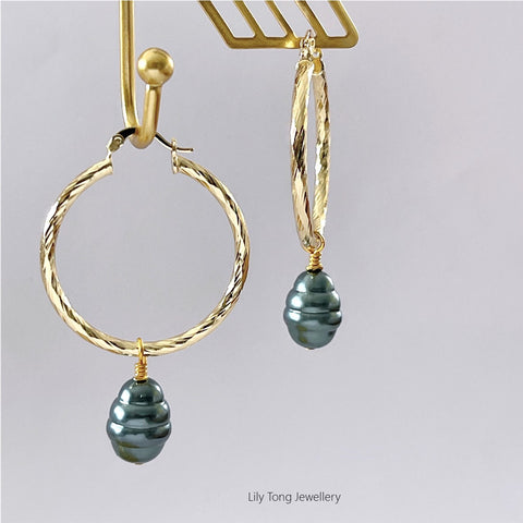 Hoop Earrings With Pearl Pendant #0594 Forest Green