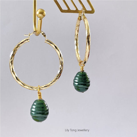 Hoop Earrings With Pearl Pendant #0595 Dark Green