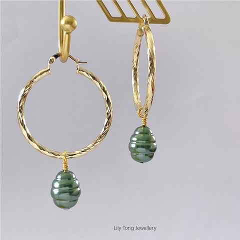 Hoop Earrings With Pearl Pendant #0596 Olive Green