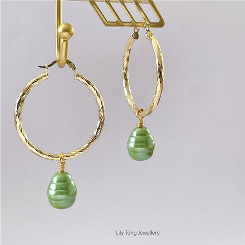 Hoop Earrings With Pearl Pendant #0597 Green