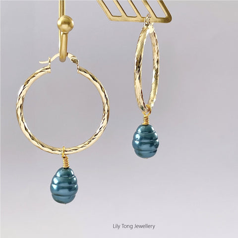 Hoop Earrings With Pearl Pendant #0598 Dark Blue