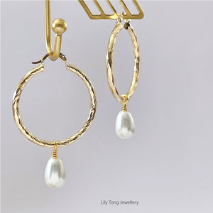 Hoop Earrings With Pearl Pendant #0600 White Drop