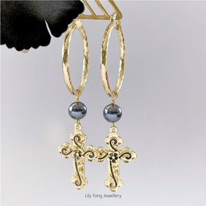 Hoop Earrings With Cross Pendant #0665