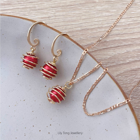 Spiral Caged Pearl Pendant Necklace & Earrings #0698 Deep Red