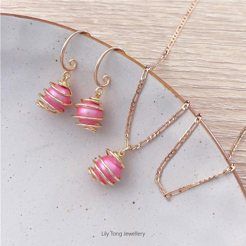 Spiral Caged Pearl Pendant Necklace & Earrings #0700 Pink