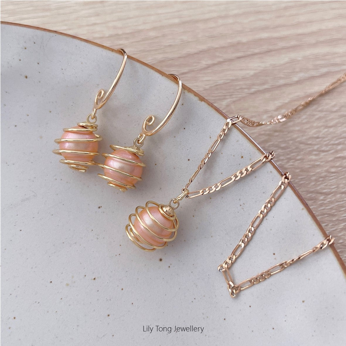 Spiral Caged Pearl Pendant Necklace & Earrings #0702 Apricot Pink