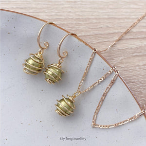 Spiral Caged Pearl Pendant Necklace & Earrings #0706 Olive Green