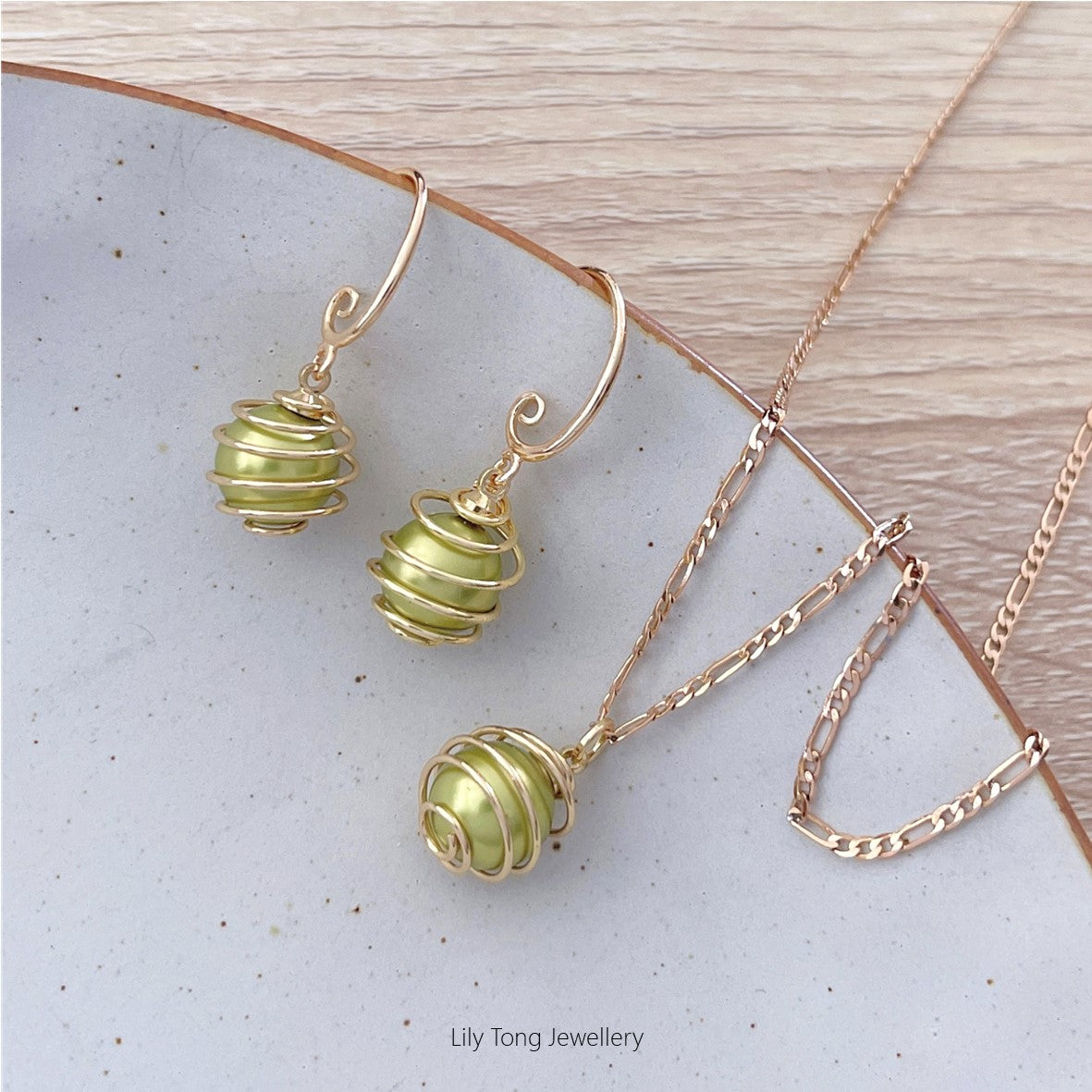 Spiral Caged Pearl Pendant Necklace & Earrings #0707 Fresh Green