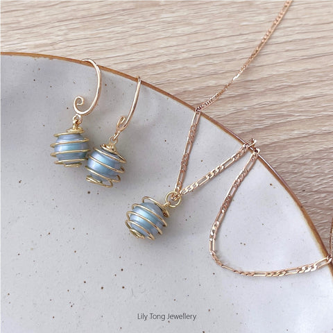 Spiral Caged Pearl Pendant Necklace & Earrings #0712 Baby Blue