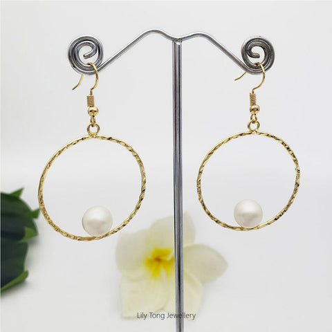 Earrings With Hoop & Pearl Pendant #0751 White