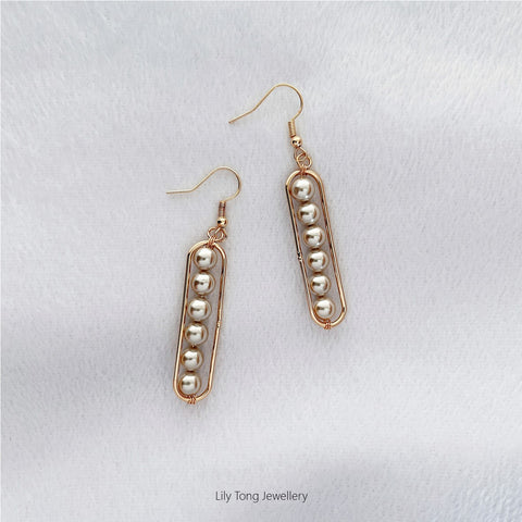 Long Framed 6-Pearl Earrings #K202 Silver Grey