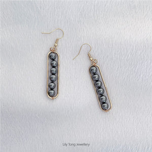 Long Framed 6-Pearl Earrings #K203 Dark Grey