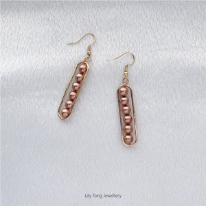 Long Framed 6-Pearl Earrings #K204 Light Brown