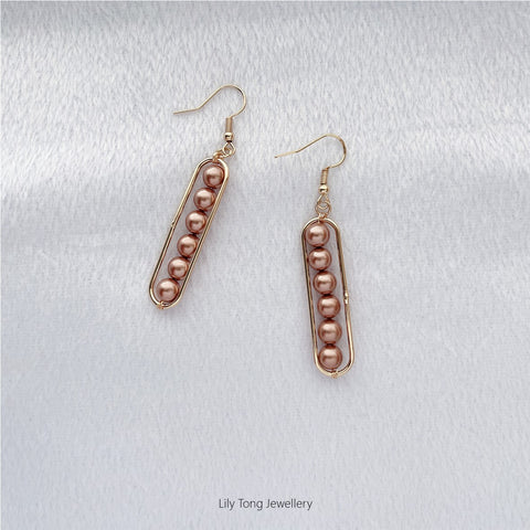 Long Framed 6-Pearl Earrings #K204 Light Brown