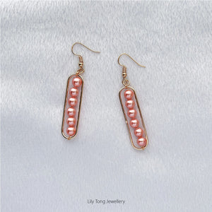 Long Framed 6-Pearl Earrings #K207 Light Red