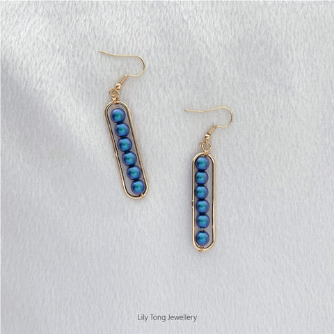 Long Framed 6-Pearl Earrings #K218 Peacock Blue