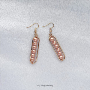 Long Framed 6-Pearl Earrings #K209 Baby Pink