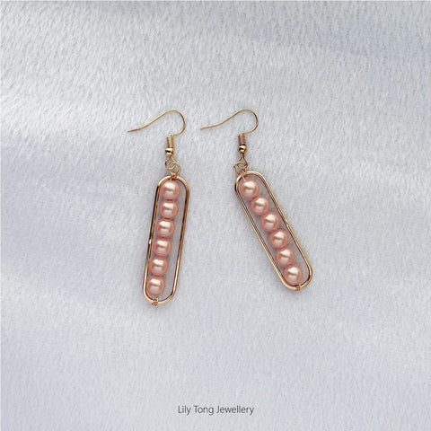 Long Framed 6-Pearl Earrings #K209 Baby Pink