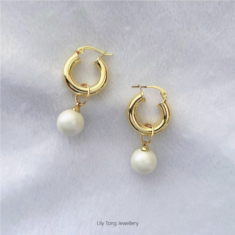 12mm Shell Pearl Drop Thick Hoop Earrings #P101 White