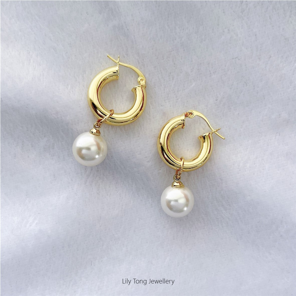 12mm Shell Pearl Drop Thick Hoop Earrings #P102 Glossy White