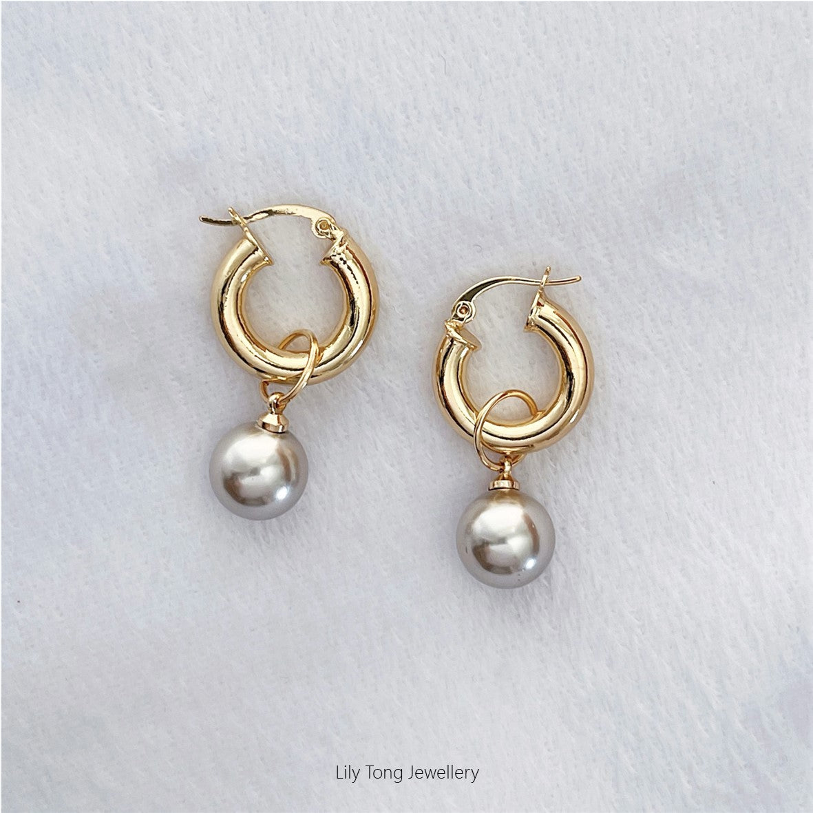 12mm Shell Pearl Drop Thick Hoop Earrings #P103 Silver Grey