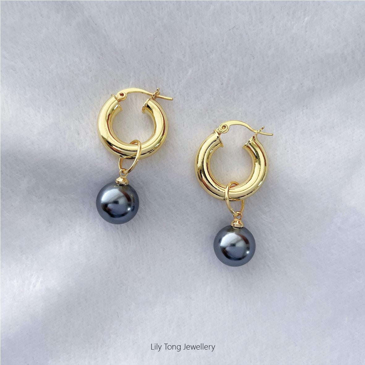 12mm Shell Pearl Drop Thick Hoop Earrings #P104 Dark Grey