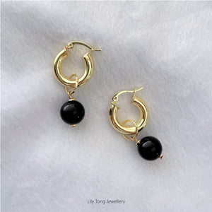 12mm Shell Pearl Drop Thick Hoop Earrings #P105 Black