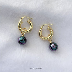 12mm Shell Pearl Drop Thick Hoop Earrings #P106 Peacock Black