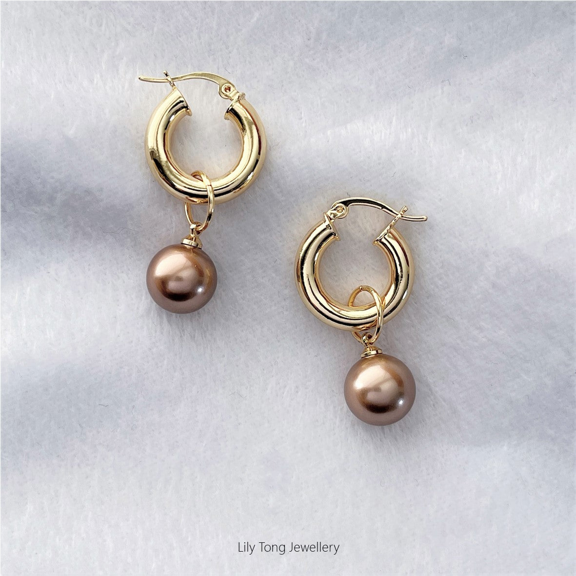 12mm Shell Pearl Drop Thick Hoop Earrings #P107 Light Brown