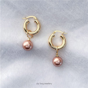 12mm Shell Pearl Drop Thick Hoop Earrings #P108 Cream Rosy Brown