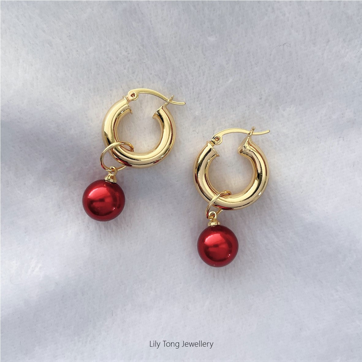 12mm Shell Pearl Drop Thick Hoop Earrings #P109 Deep Red