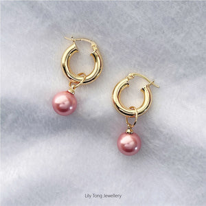 12mm Shell Pearl Drop Thick Hoop Earrings #P110 Light Red