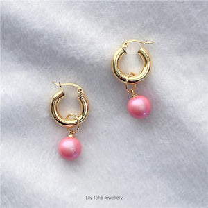 12mm Shell Pearl Drop Thick Hoop Earrings #P111 Pink