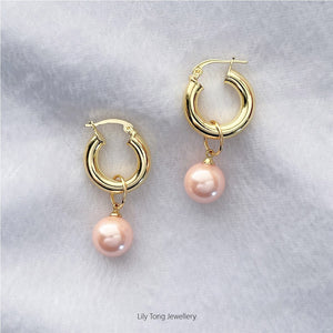 12mm Shell Pearl Drop Thick Hoop Earrings #P112 Baby Pink