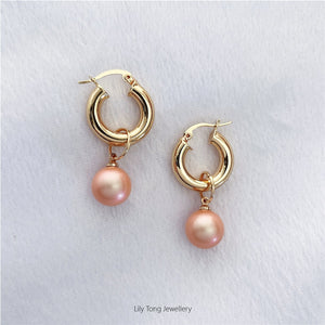 12mm Shell Pearl Drop Thick Hoop Earrings #P113 Apricot Pink