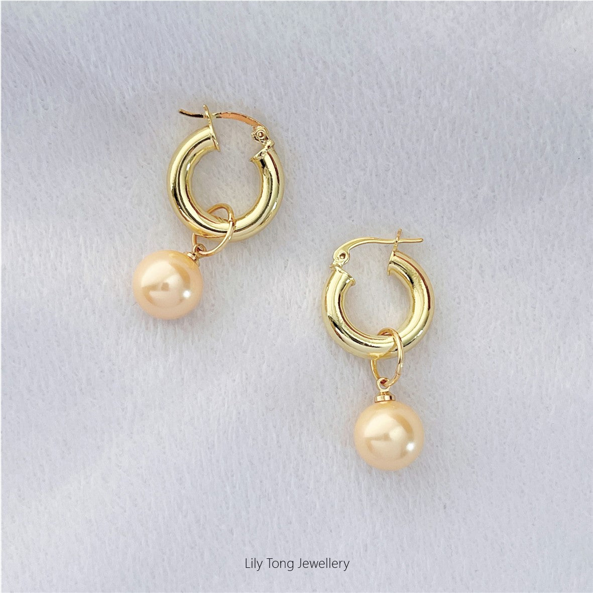 12mm Shell Pearl Drop Thick Hoop Earrings #P114 Light Apricot