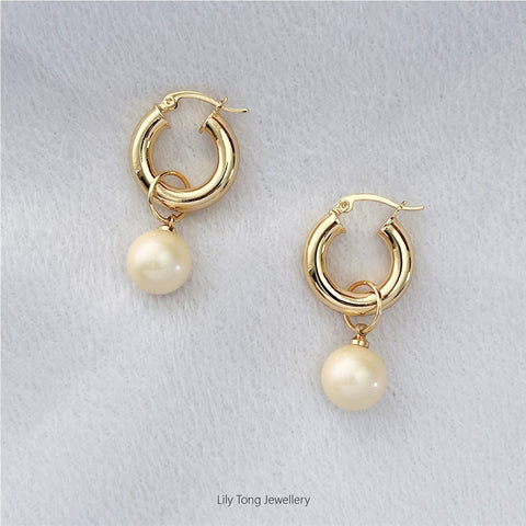 12mm Shell Pearl Drop Thick Hoop Earrings #P115 Light Cream