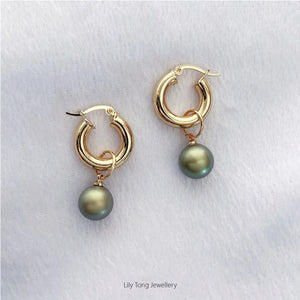 12mm Shell Pearl Drop Thick Hoop Earrings #P116 Dark Green